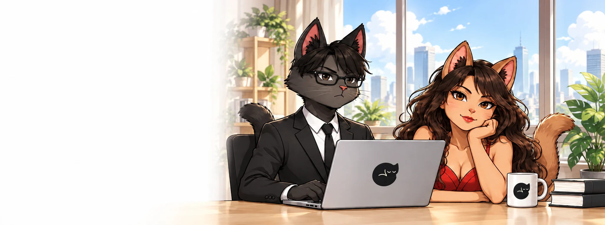 Two cat characters creating apps together in a bright NekoCode studio.
